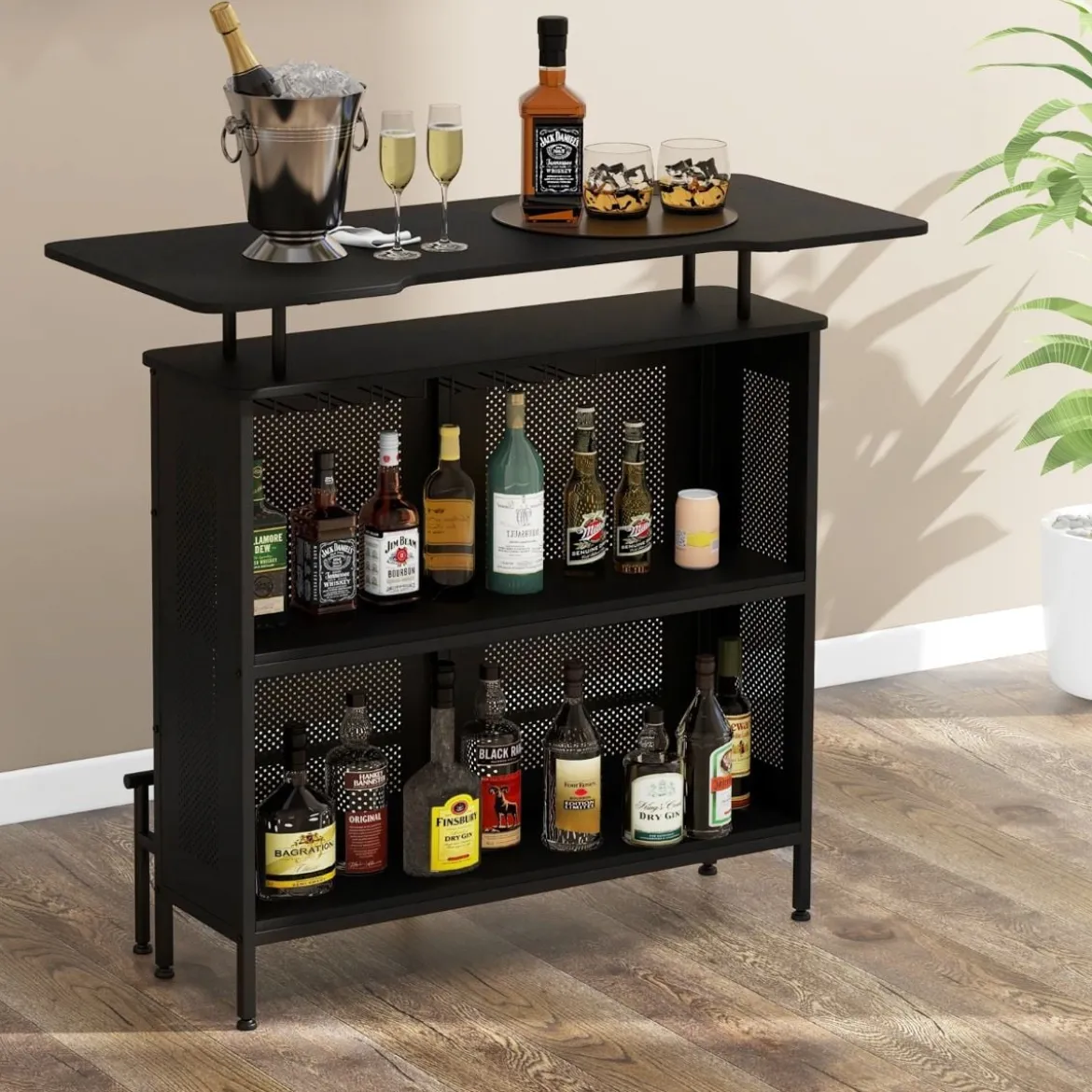 Küche Bartisch mit2 Weinregalen & 6 Glashaltern & Verstellbare Füße 120 x 50 x 106,5 cm Schwarz