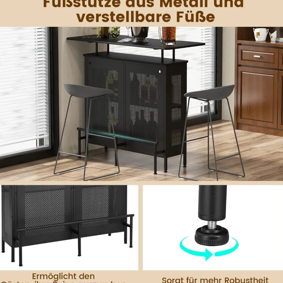 Küche Bartisch mit2 Weinregalen & 6 Glashaltern & Verstellbare Füße 120 x 50 x 106,5 cm Schwarz