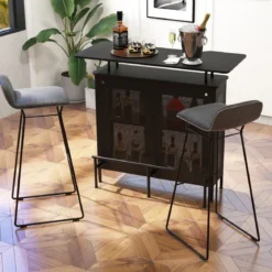 Küche Bartisch mit2 Weinregalen & 6 Glashaltern & Verstellbare Füße 120 x 50 x 106,5 cm Schwarz