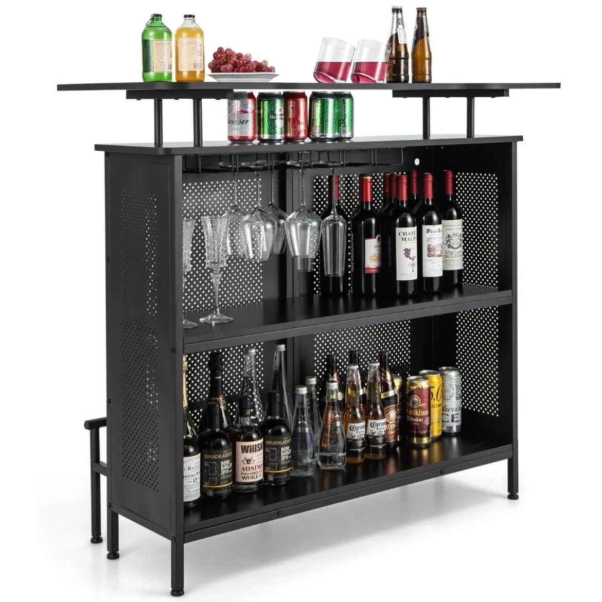Küche Bartisch mit2 Weinregalen & 6 Glashaltern & Verstellbare Füße 120 x 50 x 106,5 cm Schwarz
