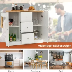 Kücheninsel auf Rädern mit Arbeitsplatte aus Gummiholz Küchenwagen mit Verstellbaren Regalen