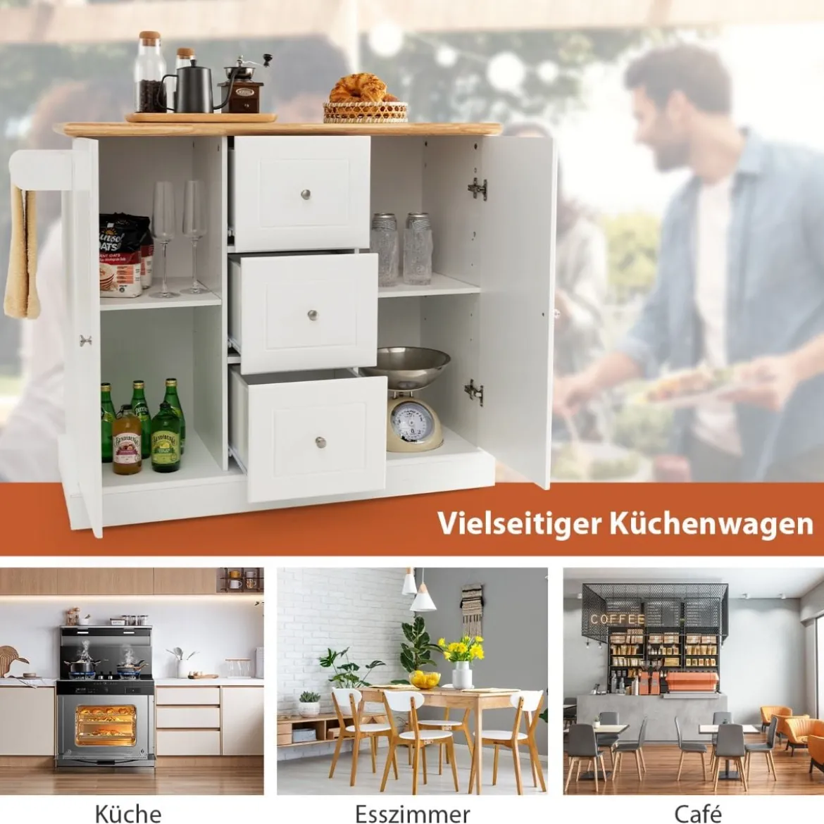 Kücheninsel auf Rädern mit Arbeitsplatte aus Gummiholz Küchenwagen mit Verstellbaren Regalen
