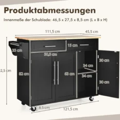 Kücheninsel auf Rädern mit 2 Schubladen und 2 Schränken mobiler Küchenwagen mit Arbeitsplatte Schwarz