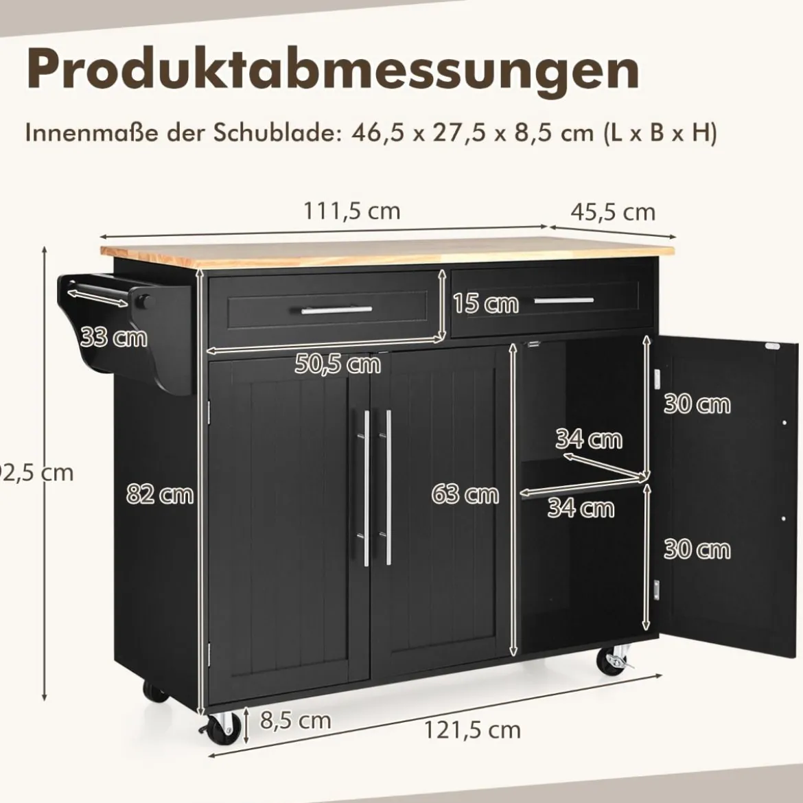 Kücheninsel auf Rädern mit 2 Schubladen und 2 Schränken mobiler Küchenwagen mit Arbeitsplatte Schwarz