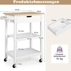 Kücheninsel aus Bambus mit Ausziehbarer Schublade & Seitlichem Schiebegriff Rollbarer Mikrowellenwagen Weiß