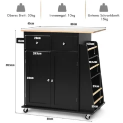 Kücheninsel mit Stauraum Rollender Servierwagen aus Gummiholz 88 x 46 x 89,5 cm Schwarz
