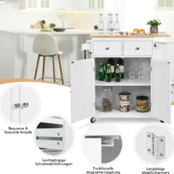 Kücheninsel mit Stauraum Rollender Servierwagen aus Gummiholz 88 x 46 x 89,5 cm Weiß