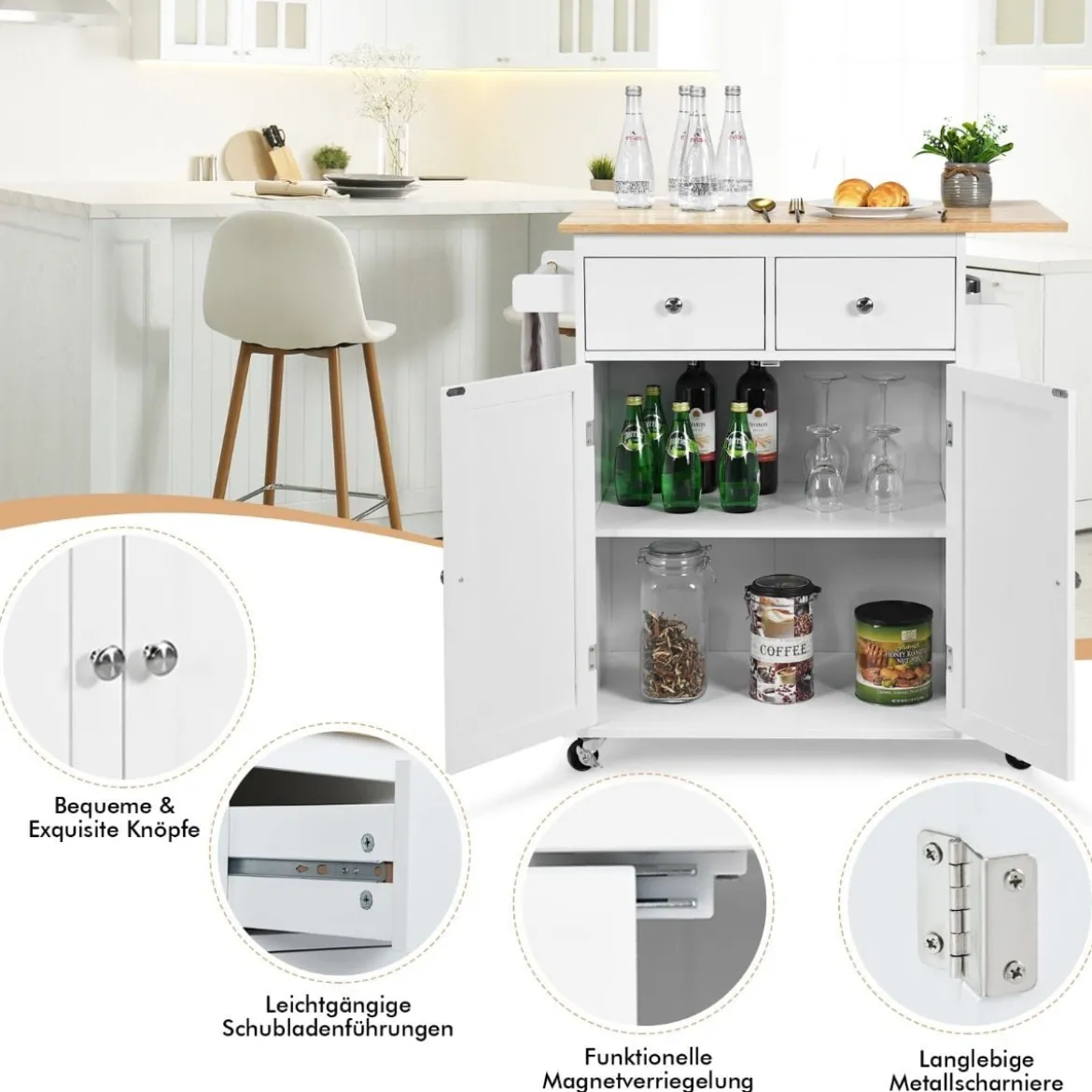 Kücheninsel mit Stauraum Rollender Servierwagen aus Gummiholz 88 x 46 x 89,5 cm Weiß