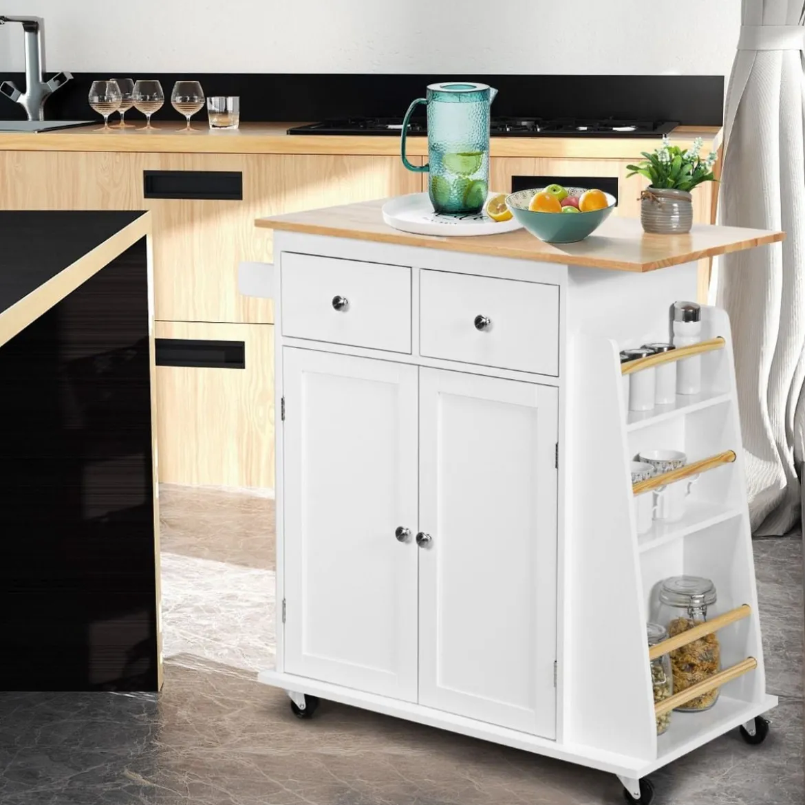 Kücheninsel mit Stauraum Rollender Servierwagen aus Gummiholz 88 x 46 x 89,5 cm Weiß