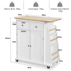 Kücheninsel mit Stauraum Rollender Servierwagen aus Gummiholz 88 x 46 x 89,5 cm Weiß
