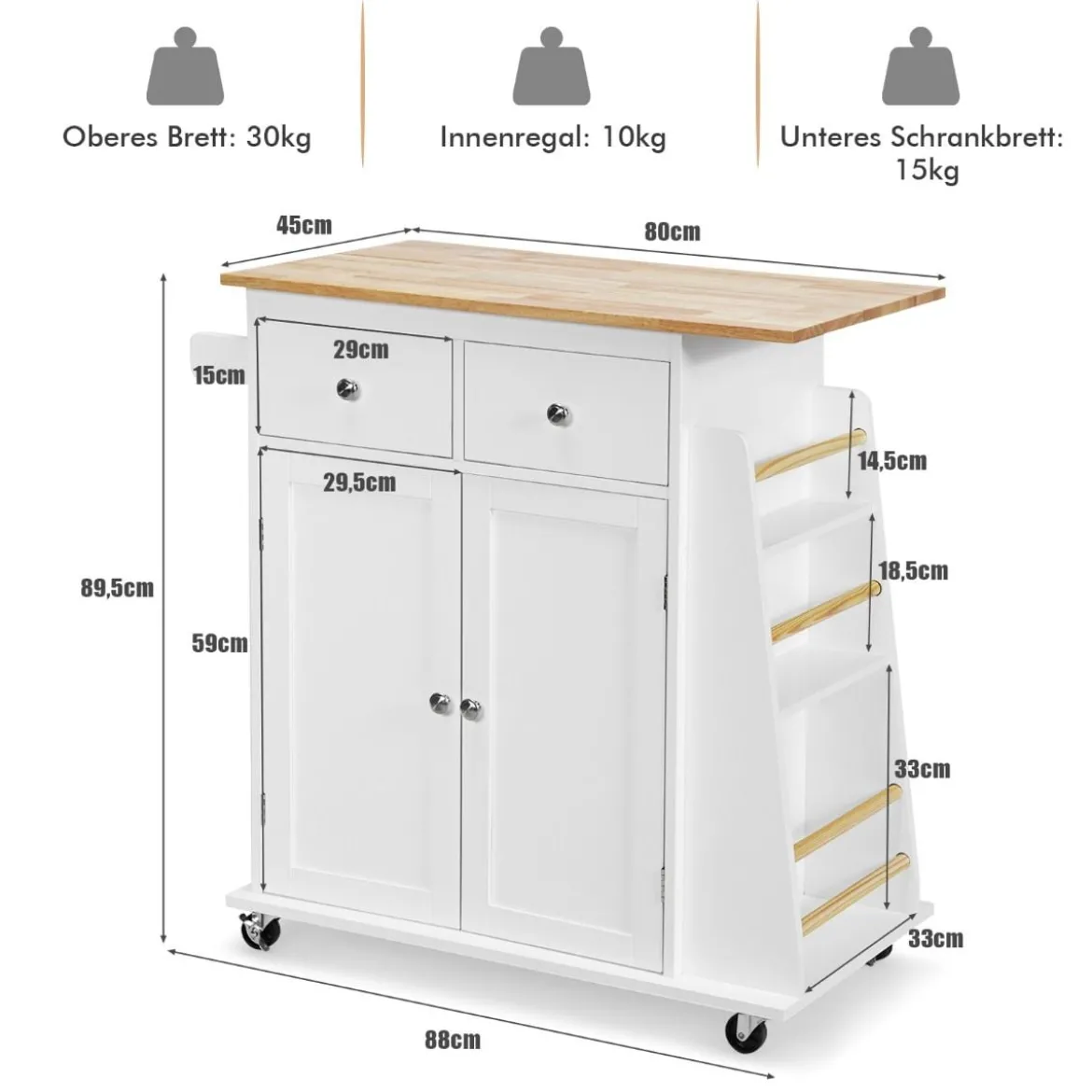 Kücheninsel mit Stauraum Rollender Servierwagen aus Gummiholz 88 x 46 x 89,5 cm Weiß