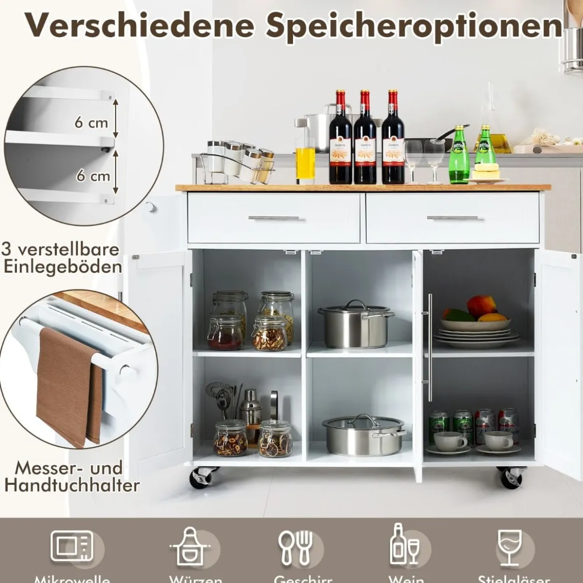 Kücheninsel Servierwagen Küchenwagen mit Rollen Weiß 122 x 46 x 92,3 cm