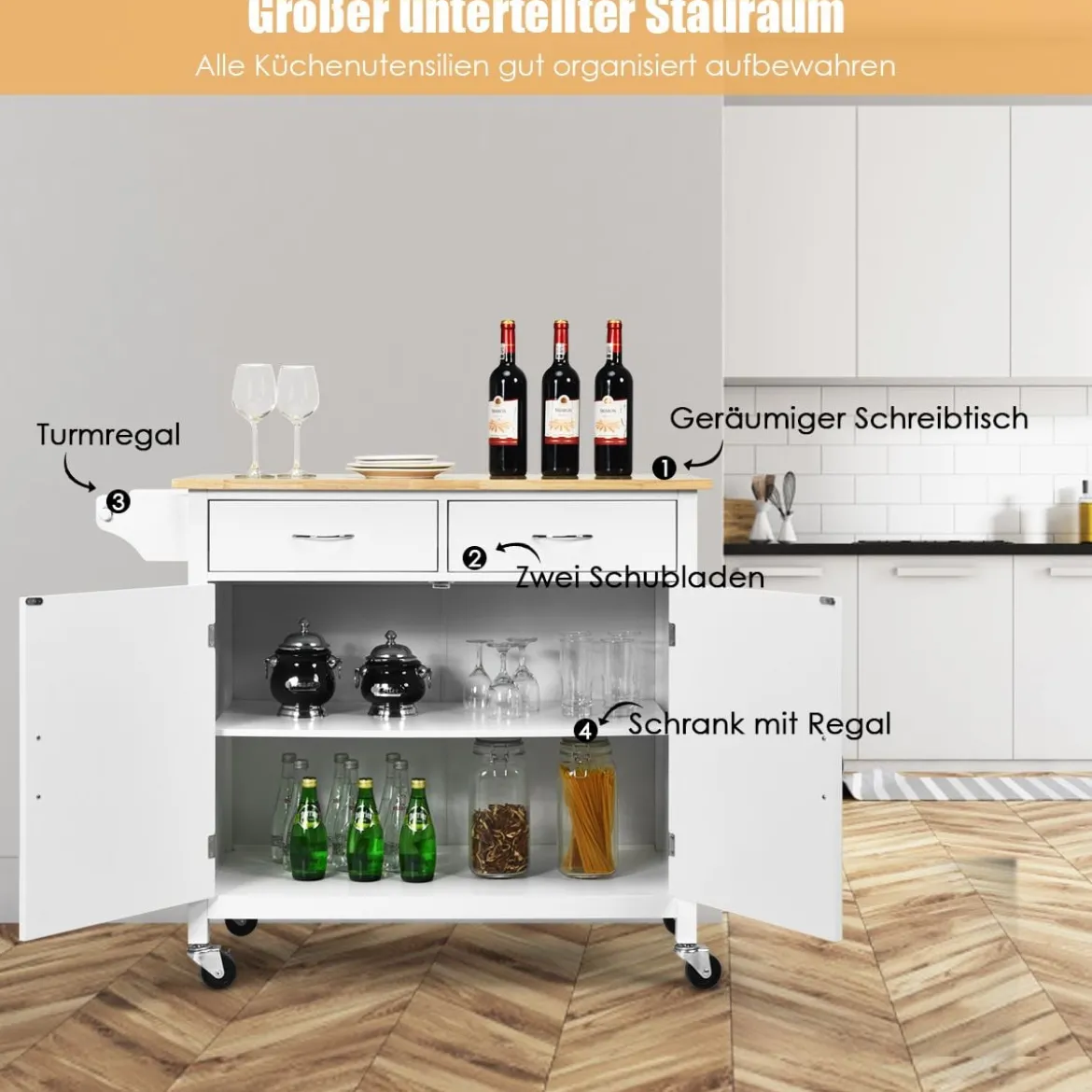 Kücheninsel Servierwagen mit Schubladen 110 x 48 x 90 cm Weiß