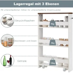 Kücheninselwagen Rollender 4-Stöckiger Schmaler Küchenwagen mit Griff 48 x 12,5 x 81 cm Weiß