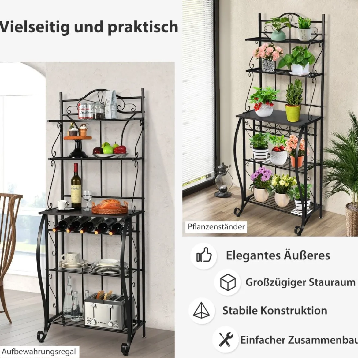 Küchenregal mit breiter Arbeitsplatte 4 offene Gitterregale Kippschutz Mehrzweck Lagerregal Schwarz