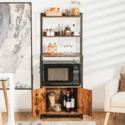 Küchenregal mit Lagerschrank & Haken & Ablagen & Tür & verstellbaren Füßen Vintage
