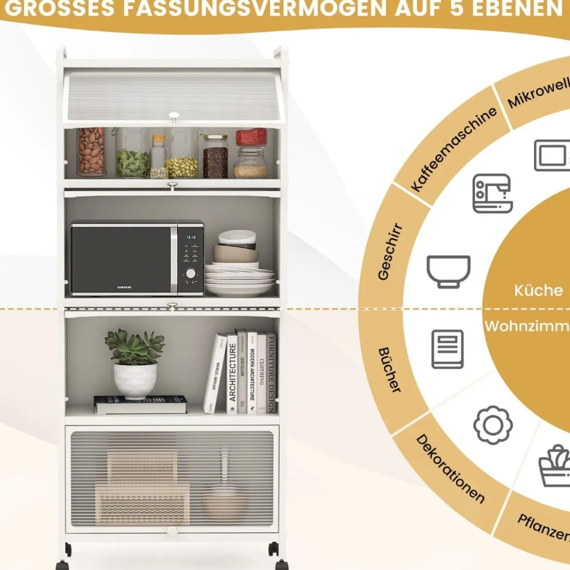 Küchenregal mit Rollen Mobiler Mikrowellenständer mit Aufklappbaren PC-Türen 60 x 32 x 154 cm