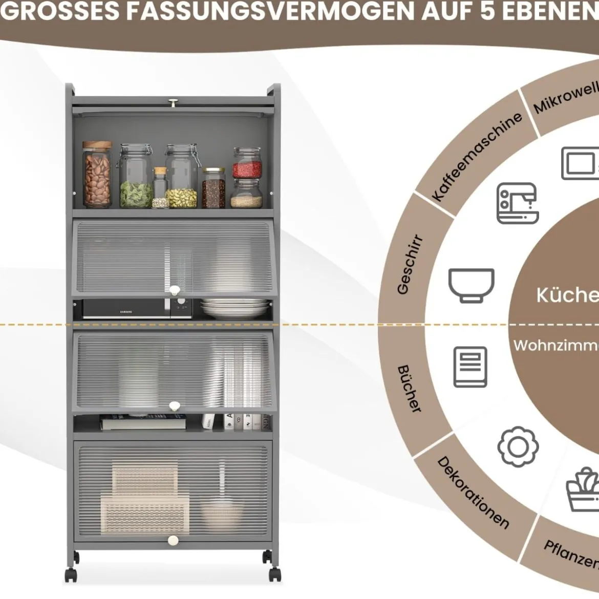 Küchenregal mit Rollen Mobiler Mikrowellenständer mit Aufklappbaren PC-Türen 60 x 32 x 154 cm
