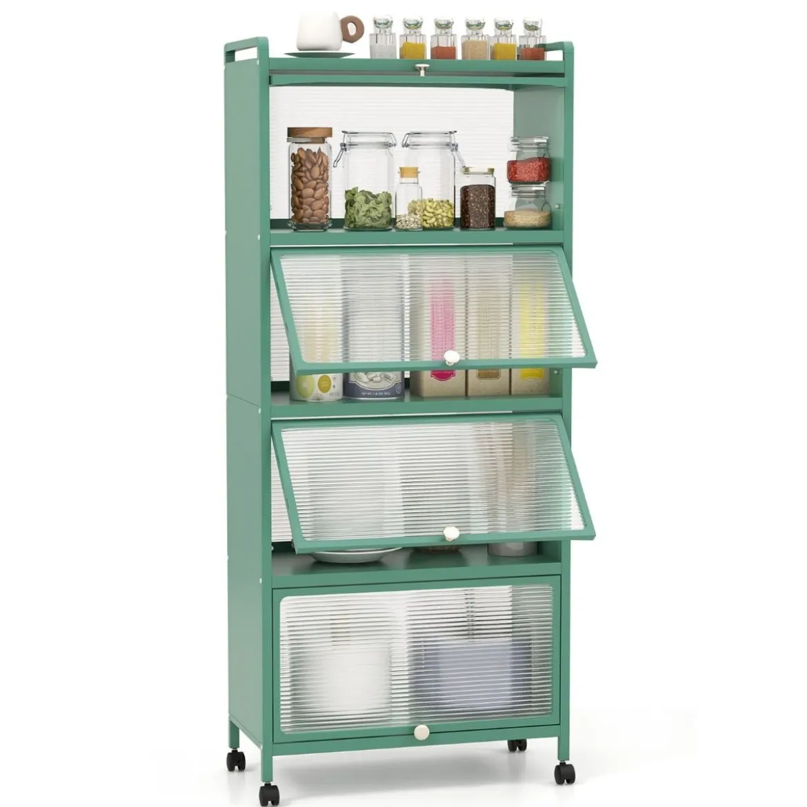 Küchenregal mit Rollen Mobiler Mikrowellenständer mit Aufklappbaren PC-Türen 60 x 32 x 154 cm