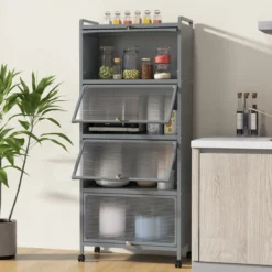 Küchenregal mit Rollen Mobiler Mikrowellenständer mit Aufklappbaren PC-Türen 60 x 32 x 154 cm