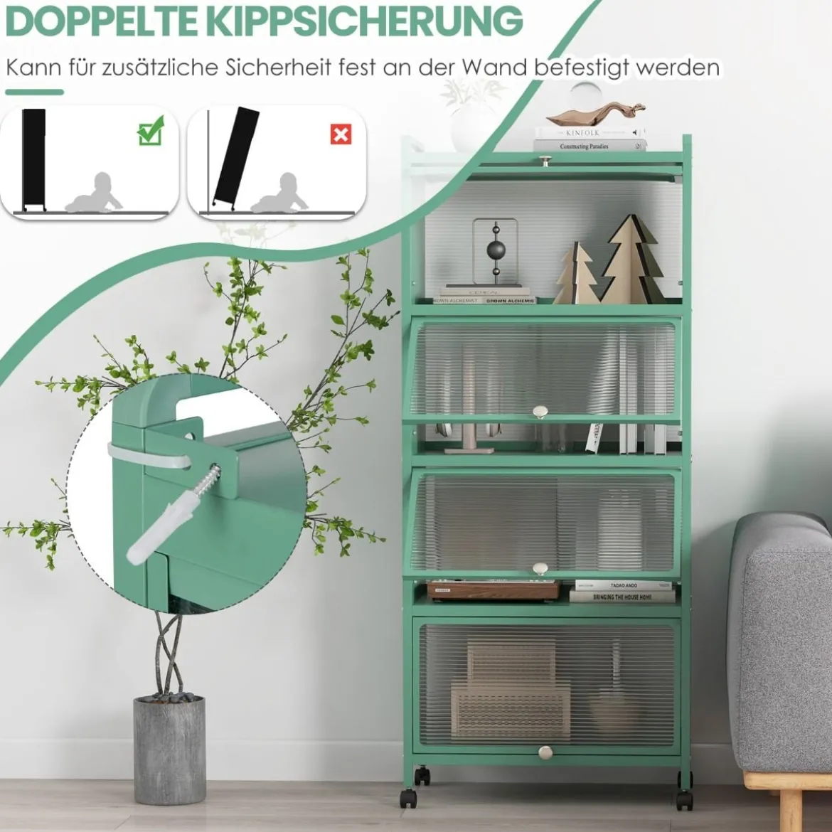 Küchenregal mit Rollen Mobiler Mikrowellenständer mit Aufklappbaren PC-Türen 60 x 32 x 154 cm