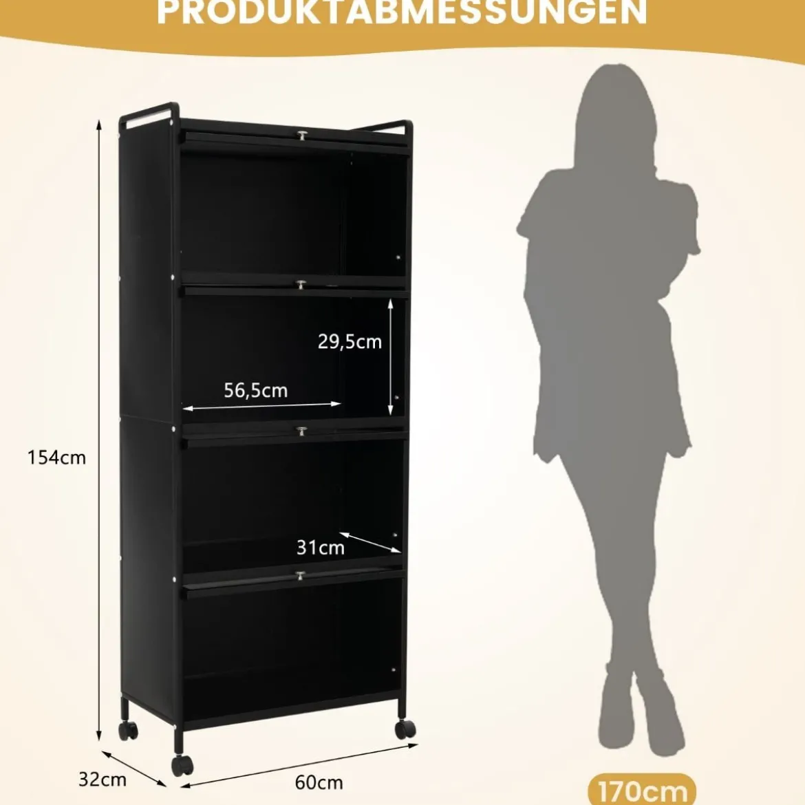 Küchenregal mit Rollen Mobiler Mikrowellenständer mit Aufklappbaren PC-Türen 60 x 32 x 154 cm