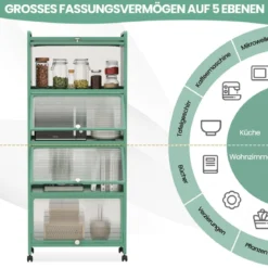 Küchenregal mit Rollen Mobiler Mikrowellenständer mit Aufklappbaren PC-Türen 60 x 32 x 154 cm