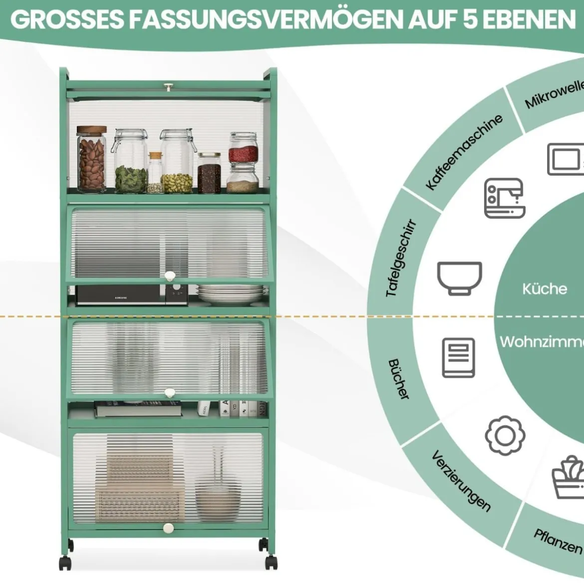 Küchenregal mit Rollen Mobiler Mikrowellenständer mit Aufklappbaren PC-Türen 60 x 32 x 154 cm
