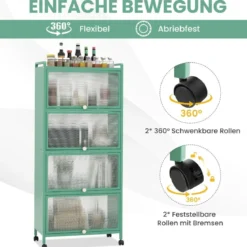 Küchenregal mit Rollen Mobiler Mikrowellenständer mit Aufklappbaren PC-Türen 60 x 32 x 154 cm