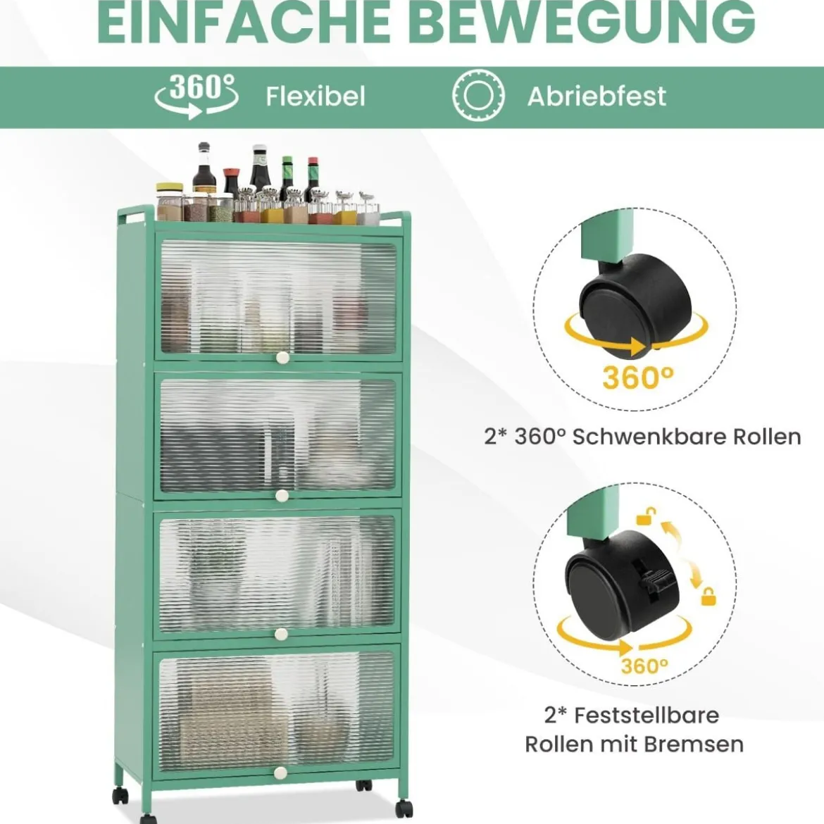 Küchenregal mit Rollen Mobiler Mikrowellenständer mit Aufklappbaren PC-Türen 60 x 32 x 154 cm