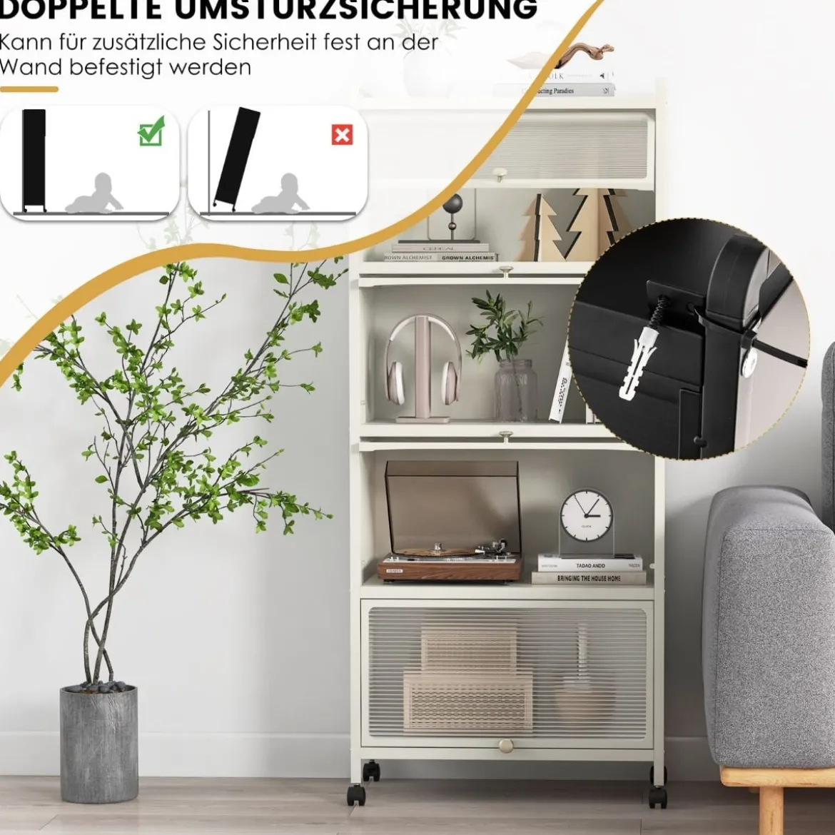 Küchenregal mit Rollen Mobiler Mikrowellenständer mit Aufklappbaren PC-Türen 60 x 32 x 154 cm