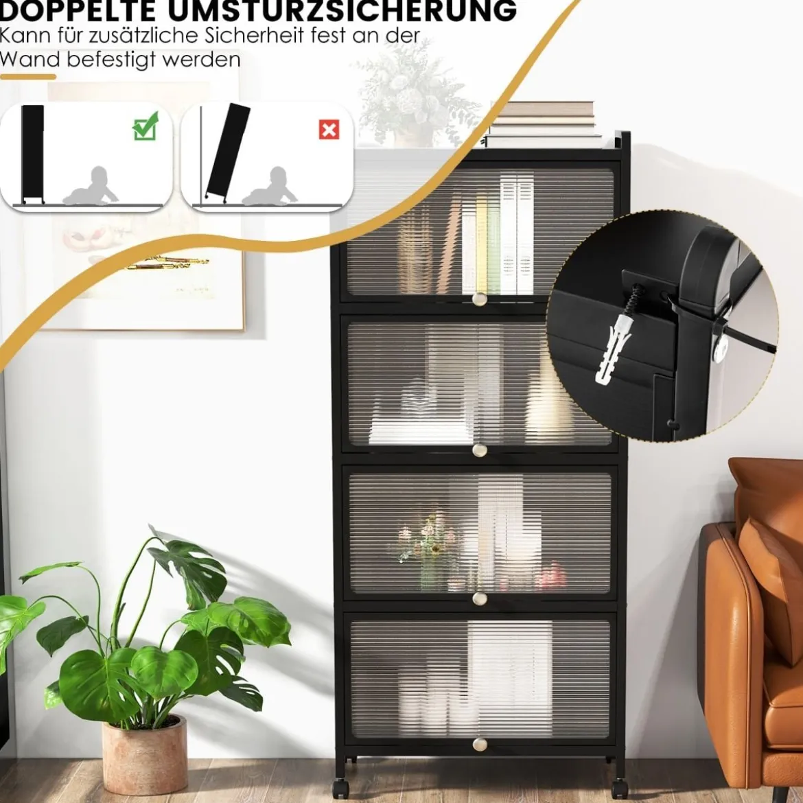 Küchenregal mit Rollen Mobiler Mikrowellenständer mit Aufklappbaren PC-Türen 60 x 32 x 154 cm