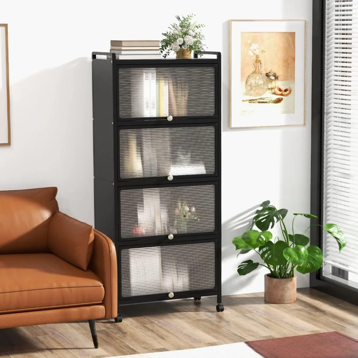 Küchenregal mit Rollen Mobiler Mikrowellenständer mit Aufklappbaren PC-Türen 60 x 32 x 154 cm