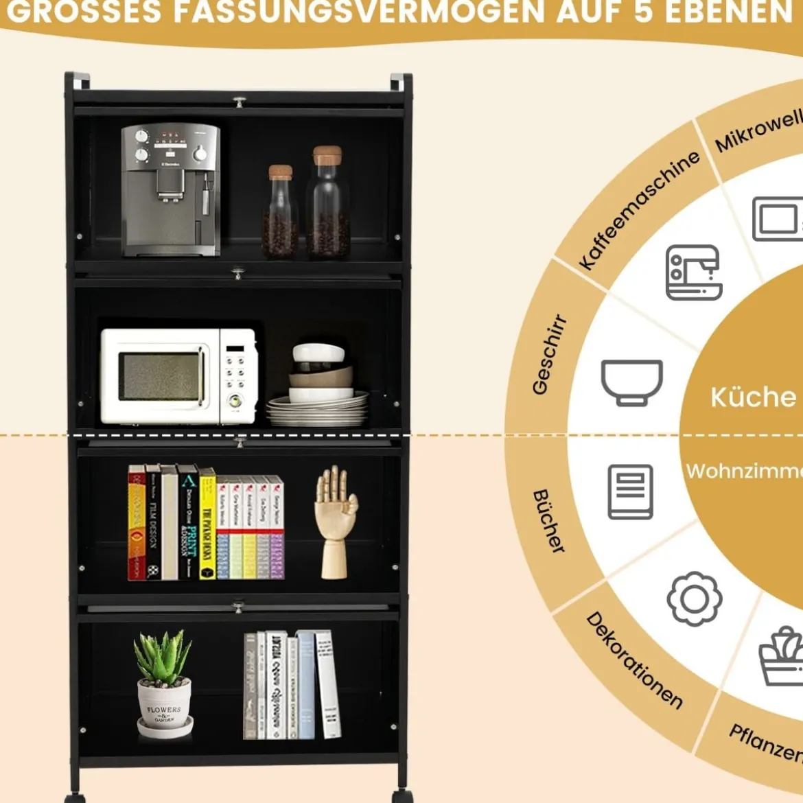 Küchenregal mit Rollen Mobiler Mikrowellenständer mit Aufklappbaren PC-Türen 60 x 32 x 154 cm