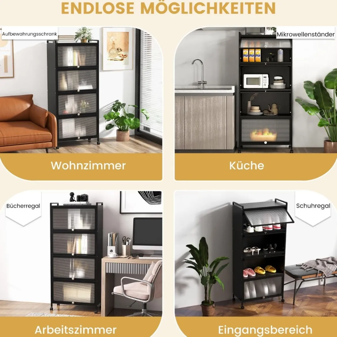Küchenregal mit Rollen Mobiler Mikrowellenständer mit Aufklappbaren PC-Türen 60 x 32 x 154 cm