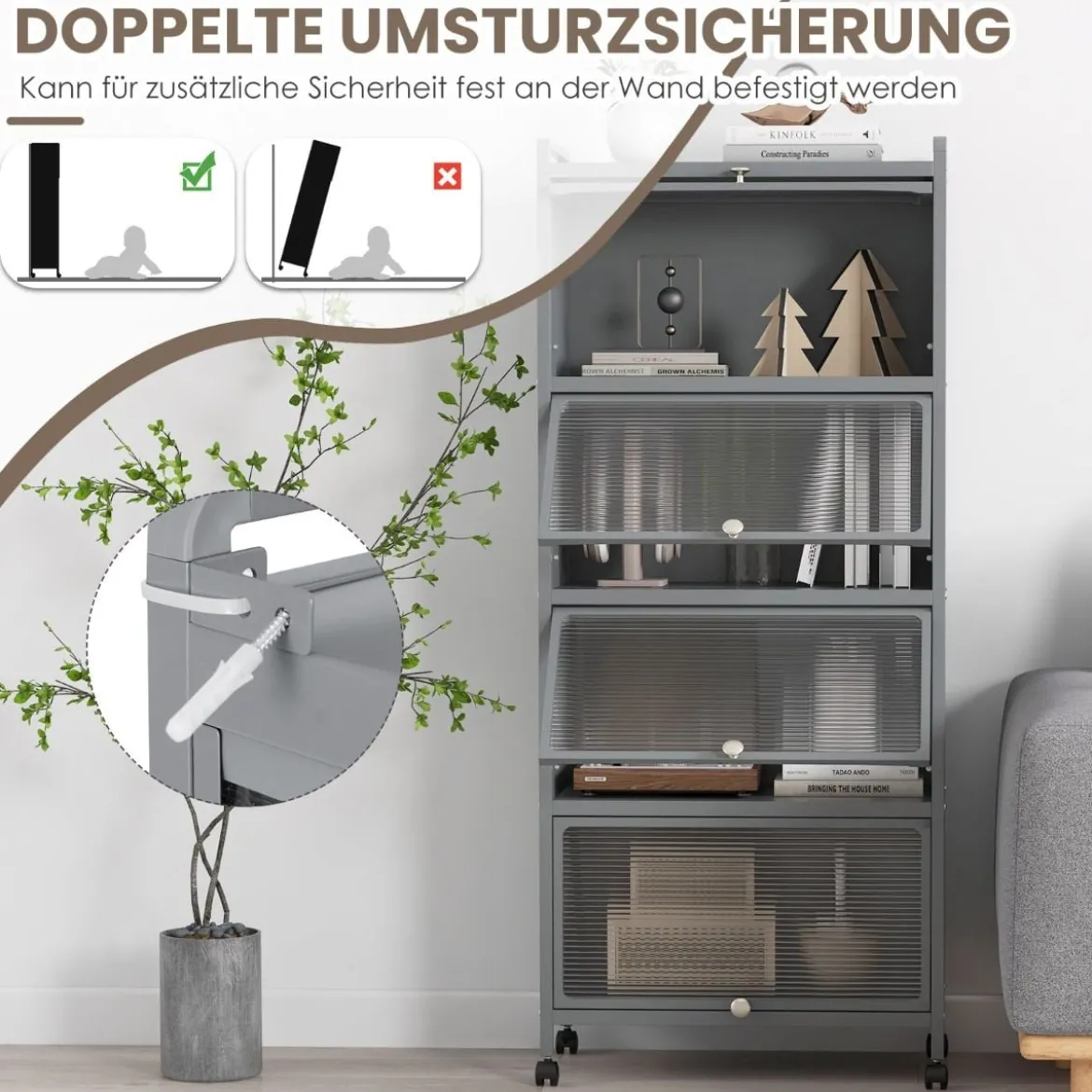 Küchenregal mit Rollen Mobiler Mikrowellenständer mit Aufklappbaren PC-Türen 60 x 32 x 154 cm