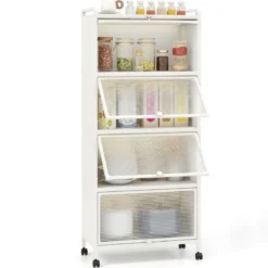 Küchenregal mit Rollen Mobiler Mikrowellenständer mit Aufklappbaren PC-Türen 60 x 32 x 154 cm