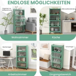 Küchenregal mit Rollen Mobiler Mikrowellenständer mit Aufklappbaren PC-Türen 60 x 32 x 154 cm