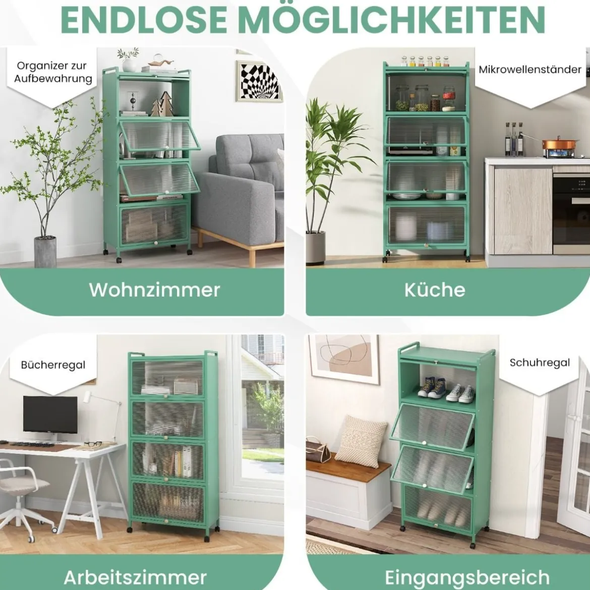 Küchenregal mit Rollen Mobiler Mikrowellenständer mit Aufklappbaren PC-Türen 60 x 32 x 154 cm
