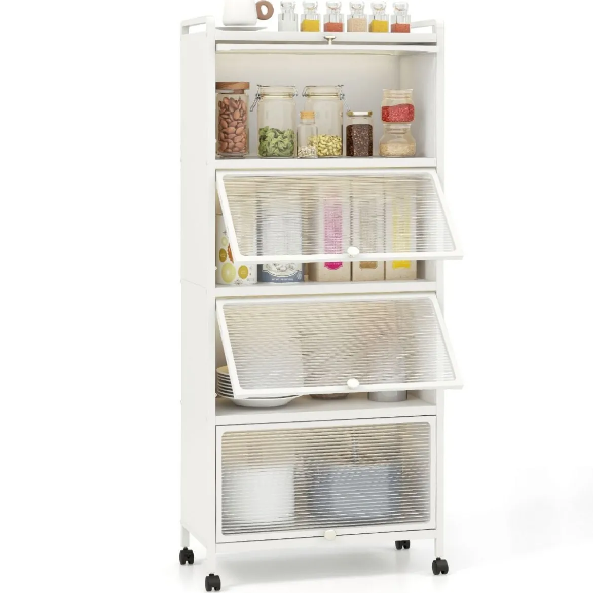 Küchenregal mit Rollen Mobiler Mikrowellenständer mit Aufklappbaren PC-Türen 60 x 32 x 154 cm