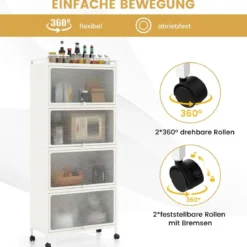Küchenregal mit Rollen Mobiler Mikrowellenständer mit Aufklappbaren PC-Türen 60 x 32 x 154 cm