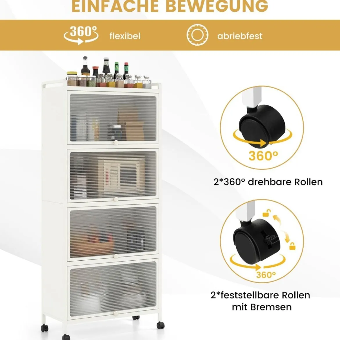 Küchenregal mit Rollen Mobiler Mikrowellenständer mit Aufklappbaren PC-Türen 60 x 32 x 154 cm