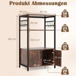 Küchenregal mit Schrank 3-stöckiger Bäckerregal mit 2 offenen Ablagen & 10 Haken 60 x 40 x 100 cm Braun