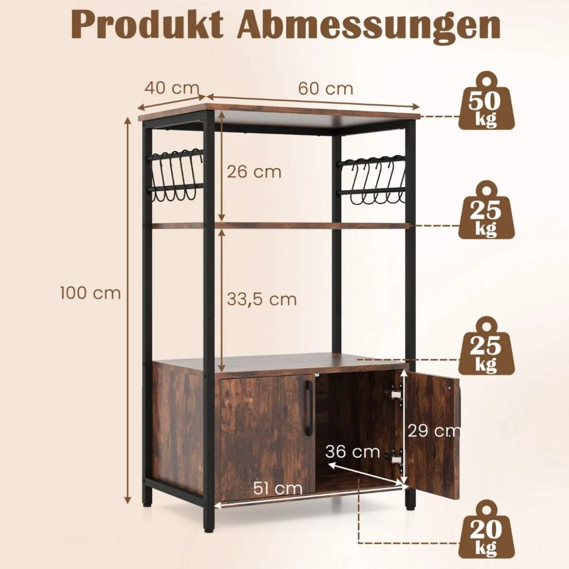 Küchenregal mit Schrank 3-stöckiger Bäckerregal mit 2 offenen Ablagen & 10 Haken 60 x 40 x 100 cm Braun