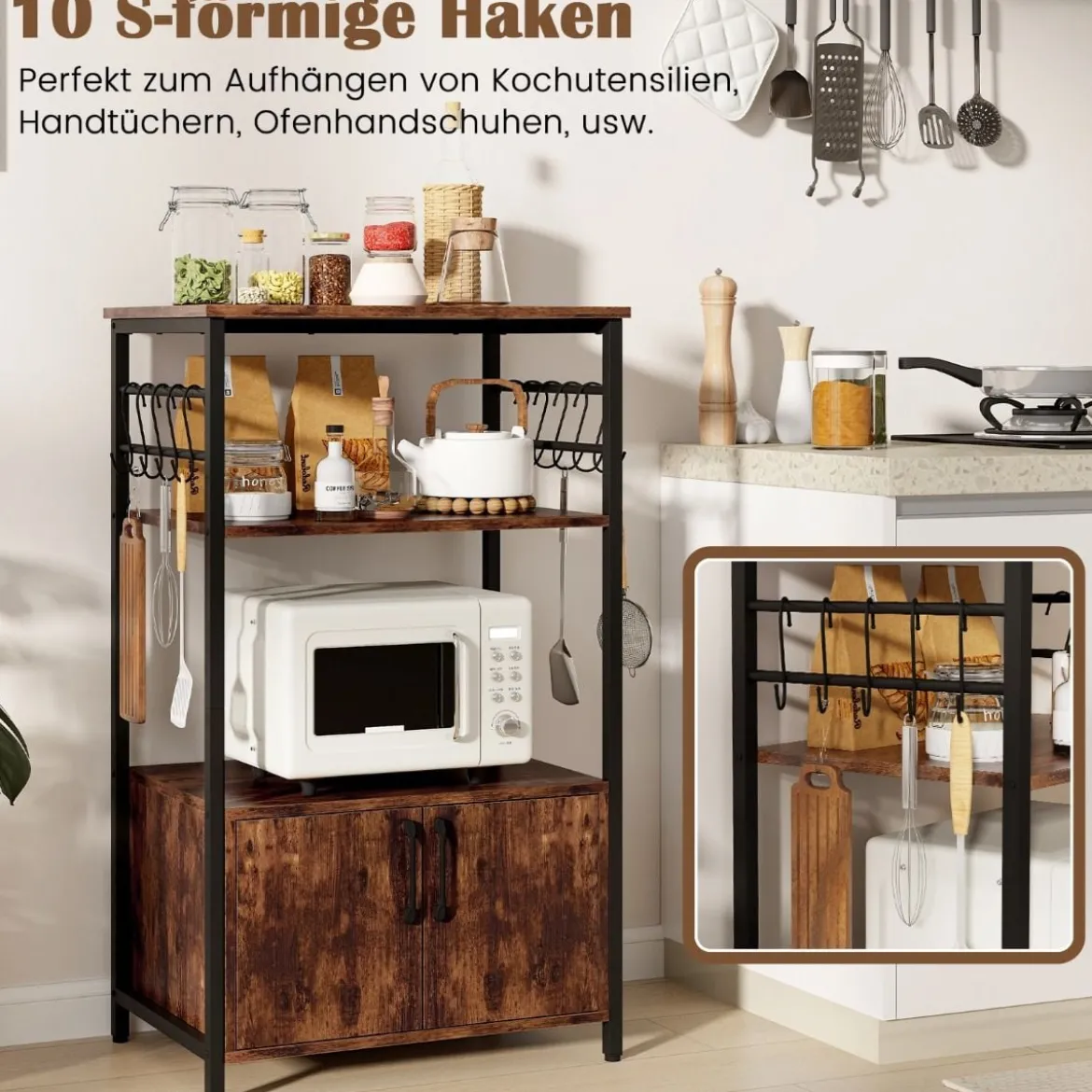 Küchenregal mit Schrank 3-stöckiger Bäckerregal mit 2 offenen Ablagen & 10 Haken 60 x 40 x 100 cm Braun