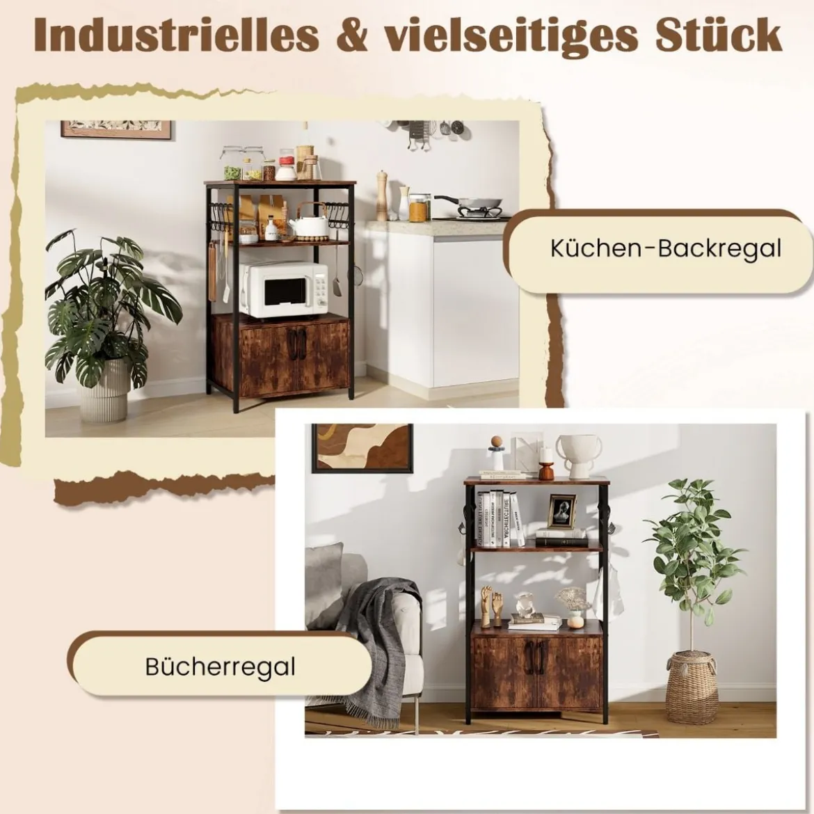 Küchenregal mit Schrank 3-stöckiger Bäckerregal mit 2 offenen Ablagen & 10 Haken 60 x 40 x 100 cm Braun