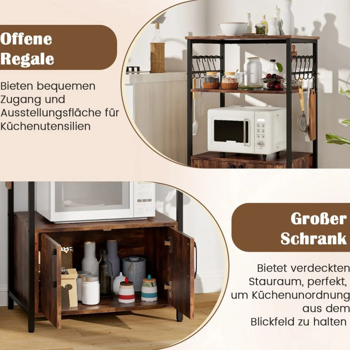 Küchenregal mit Schrank 3-stöckiger Bäckerregal mit 2 offenen Ablagen & 10 Haken 60 x 40 x 100 cm Braun