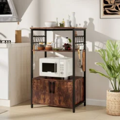 Küchenregal mit Schrank 3-stöckiger Bäckerregal mit 2 offenen Ablagen & 10 Haken 60 x 40 x 100 cm Braun