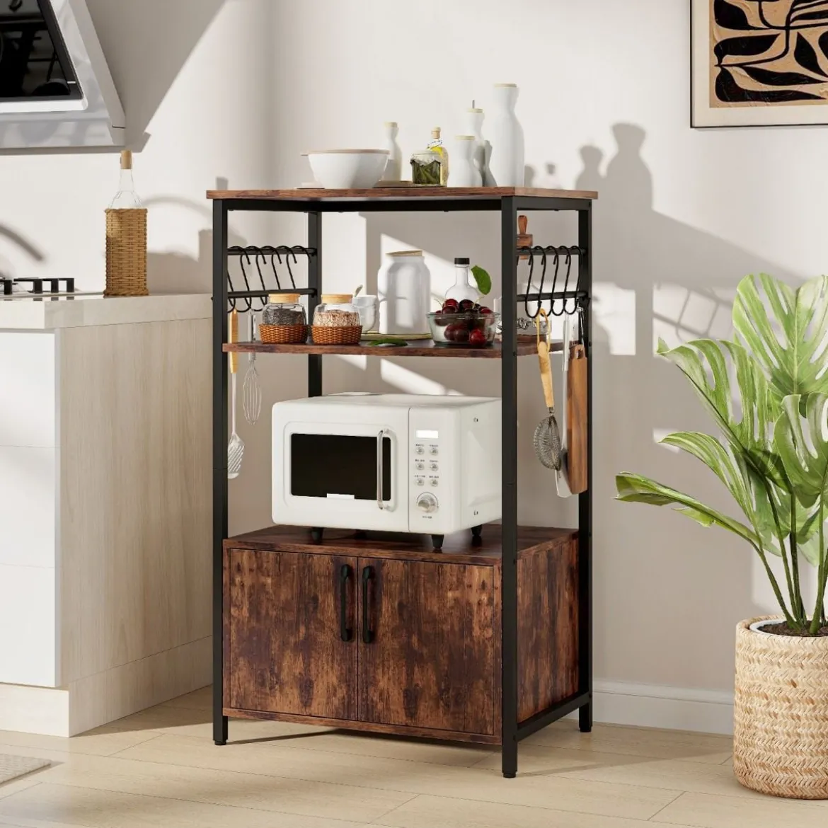 Küchenregal mit Schrank 3-stöckiger Bäckerregal mit 2 offenen Ablagen & 10 Haken 60 x 40 x 100 cm Braun