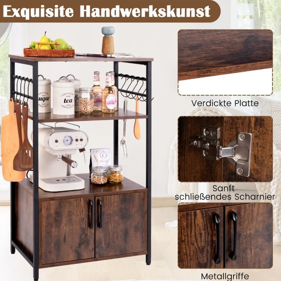 Küchenregal mit Schrank 3-stöckiger Bäckerregal mit 2 offenen Ablagen & 10 Haken 60 x 40 x 100 cm Braun